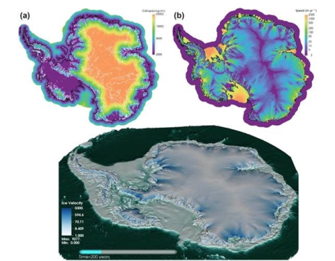 Screenshots from the MALI and BISICLES computer models simulating what the Antarctic ice sheet would look like and how fast ice would move 200 years after the ice sheet’s floating ice shelves have disintegrated. Screenshots from the MALI and BISICLES computer models simulating what the Antarctic ice sheet would look like and how fast ice would move 200 years after the ice sheet’s floating ice shelves have disintegrated.