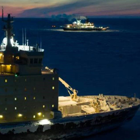 Photo of a Russian icebreaker ship. Photo of a Russian icebreaker ship.