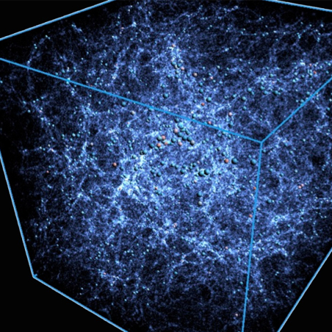 The distribution of clumps of matter in the full "Outer Rim" simulation, one of the world's largest simulations of the cosmos. Outer Rim was carried out on the Argonne Leadership Computing Facility’s Mira supercomputer. The distribution of clumps of matter in the full "Outer Rim" simulation, one of the world's largest simulations of the cosmos. Outer Rim was carried out on the Argonne Leadership Computing Facility’s Mira supercomputer.