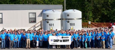 Employees at Oak Ridge’s Transuranic Waste Processing Center celebrate resuming shipments to the Waste Isolation Pilot Plant for the first time since 2012.