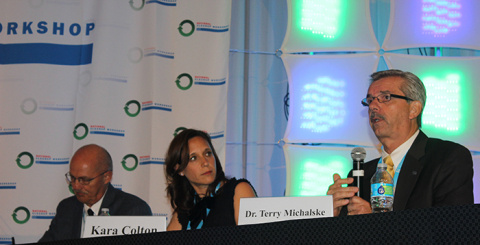 Pictured Dr. Terry Michalske, director of EM’s Savannah River National Laboratory, right, Kara Colton, director of nuclear energy programs for the Energy Communities Alliance, center, and moderator David Olson, vice president of operations at Fluor, left.