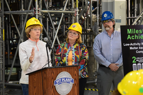 Alex Smith, nuclear waste program manager for the Washington State Department of Ecology, speaks at the event last week marking the melters milestone for the Hanford Site WTP project.