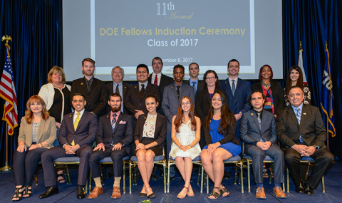 EM and Florida International University officials join the DOE Fellows Class of 2017 and other guests at the recent induction ceremony.