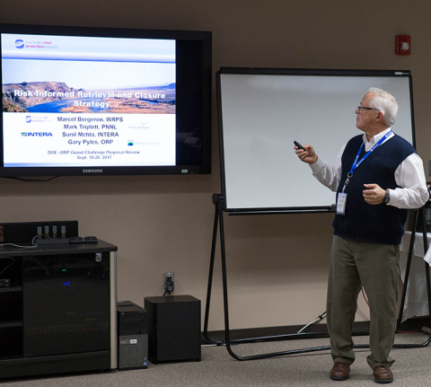 Marcel Bergeron of Office of River Protection (ORP) tank farms contractor Washington River Protection Solutions shares his team's Grand Challenge proposal at a workshop hosted by ORP in September.