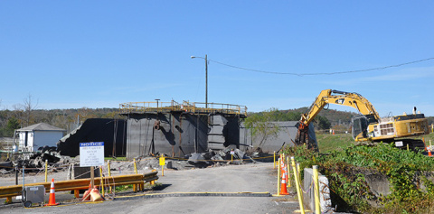 Crews take down K-1203 in the Poplar Creek area at the East Tennessee Technology Park.