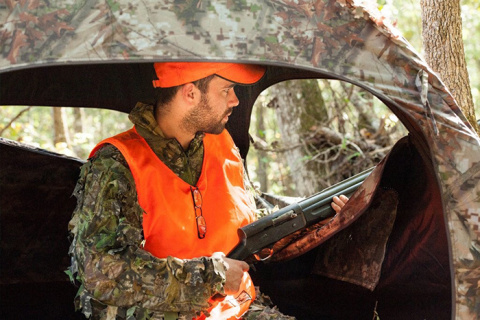 Adam Pennington sits in a blind during a Savannah River Site Wounded Warrior deer hunt.