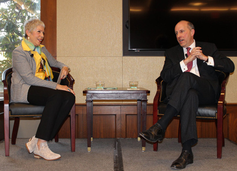 Under Secretary Paul Dabbar speaks with Jenny Freeman, past president of the Energy Technology and Environmental Business Association, at last week's event for the House Nuclear Cleanup Caucus.