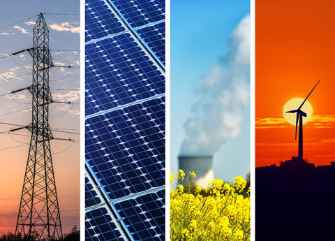 Photo of power lines, solar panels, a factory smokestack, and a wind turbine.