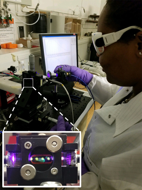 Shirmir Branch conducts an analysis using the method she developed for measuring non-pertechnetate technetium. The intense luminescence of the sample is shown by the greenish-yellow dots in the inset photograph.