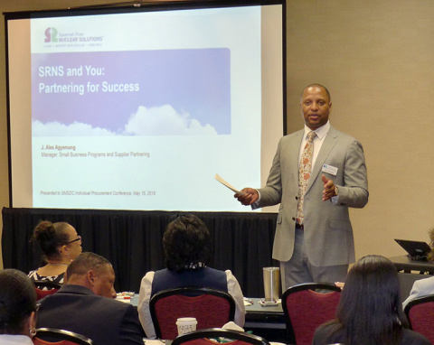 Jay Johnson, Savannah River Nuclear Solutions procurement director, addresses a group of representatives attending a recent small business leaders conference in Augusta.