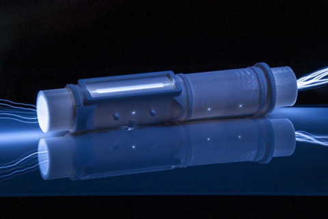 Savannah River National Laboratory replaced its $4,000 conventionally machined prototype design with this $50 3D-printed, two-piece polycarbonate flow assembly.