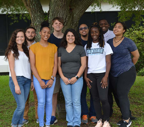 Savannah River Ecology Laboratory’s 2018 undergraduate cohort: Front row, Laura Stabler-Tindal, Kaiya Cain, Heaven Tharp, Fredericka Tucker, and Sierra Britt; back row, Christian Moreno Gomez, Ryne Maness, Kristopher Weekes, and Trevaris Brown.