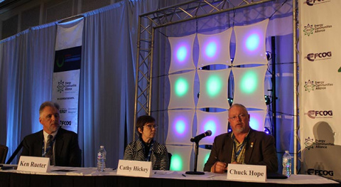 City of Oak Ridge Councilmember Chuck Hope, far right, speaks during panel discussion. Also pictured are URS|CH2M Oak Ridge President and CEO Ken Rueter and Westinghouse Government Services President Cathy Hickey.