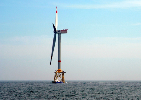 Photo of a wind turbine at sea.