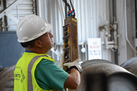 Fluor-BWXT chemical operator Eric Ramey operates an overhead crane at the former Portsmouth Gaseous Diffusion Plant.