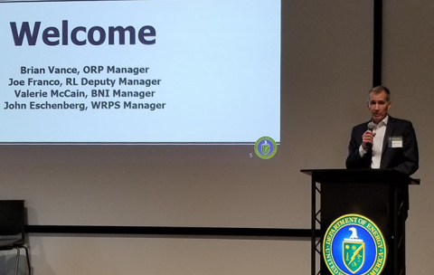 EM Office of River Protection Manager Brian Vance speaks to more than 80 senior leaders from more than 14 Hanford Site organizations during a recent operations leadership workshop.
