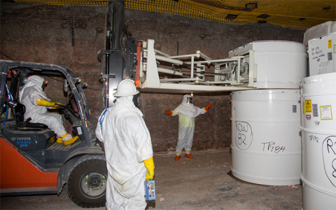 Employees emplace transuranic waste 2,150 feet underground at the Waste Isolation Pilot Plant for permanent, safe disposal.