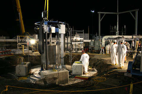 Workers cut a hole in the dome of an underground single-shell tank at Hanford to accommodate installation of waste removal equipment. New Pacific Northwest National Laboratory research may help improve overall tank access.