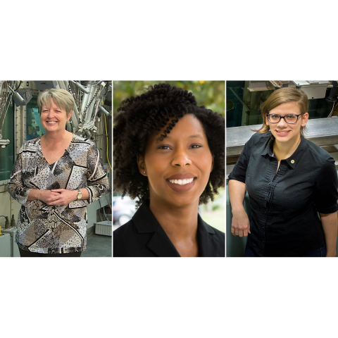 A photo of three women who all work in the nuclear energy industry.