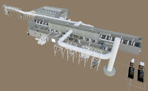 Workers have made progress on the Safety Significant Confinement Ventilation System, advancing from a 2016 illustration of the system’s capital project (at top) to the fabrication of components for the system this year.