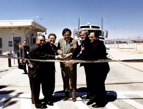 Left to right, Carlsbad Mayor Gary Perkowski, U.S. Sen. Pete Domenici of New Mexico, Energy Secretary Bill Richardson, U.S. Sen. Jeff Bingaman of New Mexico, and EM Carlsbad Field Office Manager Keith Klein cut a ribbon on the Waste Isolation Pilot Plant 