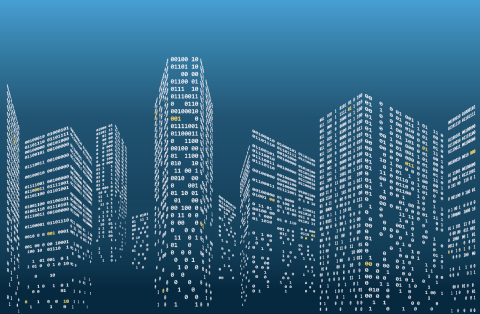 Cityscape of buildings built out of zeros and ones.