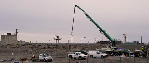 Hanford Site workers have safely stabilized the 1,688-foot-long Plutonium Uranium Extraction Plant Tunnel 2. This large pump truck, with a reach of almost 175 feet, helped place the last of the engineered grout into the tunnel. 