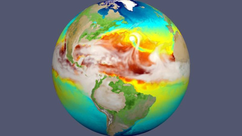 In the North-Central Atlantic Ocean near the center of the simulation snapshot, a hurricane is visible as a dot of gray and from the cold water (green) it stirred up in the otherwise warm (red) Central Atlantic Ocean.
