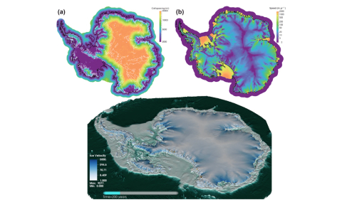 Screenshots from the MALI and BISICLES computer models simulating what the Antarctic ice sheet would look like and how fast ice would move 200 years after the ice sheet’s floating ice shelves have disintegrated. 
