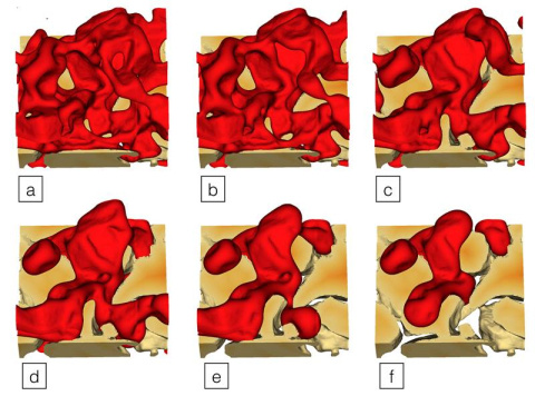 Simulations of different geometric states of fluid (red) in rock (tan). Using the Titan supercomputer at Oak Ridge National Laboratory, researchers validated a geometric model for characterizing fluid flow in porous rock and geologic material from theory.
