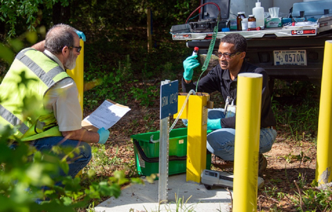 Savannah River Nuclear Solutions employees Terry Killeen, left, and Jimmie Lee take groundwater samples prior to the start of a cleanup project that will inject a 36,000-gallon mixture of emulsified oil, microorganisms, water, and other ingredients.
