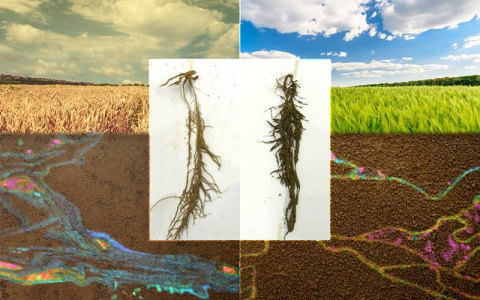 Foreground: microbial community under dry conditions (left) and microbial community under irrigated conditions (right).