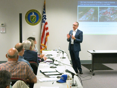 Oak Ridge Office of EM (OREM) Manager Jay Mullis speaks to the Oak Ridge Site Specific Advisory Board at its June meeting about OREM’s near-term plans and the path for Oak Ridge’s future cleanup.