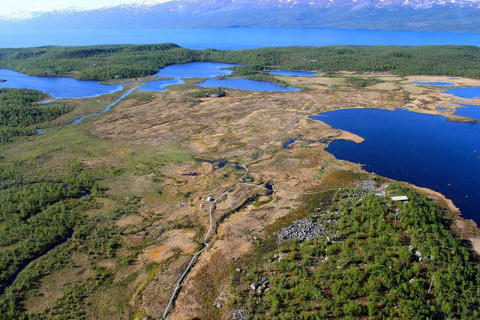 Helicopter view of thawing permafrost field site, Stordalen Mire, in northern Sweden.