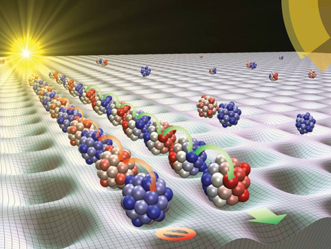 Scientists are showing how energy moves (green) or doesn’t (red) along nanoparticle chains. The artwork appeared on the cover of the Journal of Materials Chemistry C.