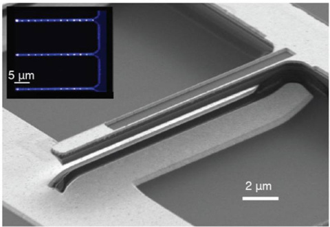 A scanning electron microscope image of a single-crystal diamond cantilever. This tiny device allows scientists to exert control over a quantum system (μm = micrometers).