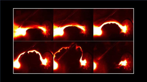 Rapidly accelerating kink instability (arch shape) of a plasma jet produces an effective gravity that causes “ripples” (seen on bottom of the arch). The ripples choke the jet at which time a burst of 6 kilovolt X-rays is observed. 