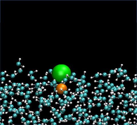 At the interface, water slows the dissociation of chloride and sodium ions.