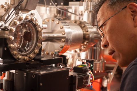 Yiping Feng and the SRD X-RAY "Single Shot" detector in LCLS's Front End Enclosure (FEE) Hall.