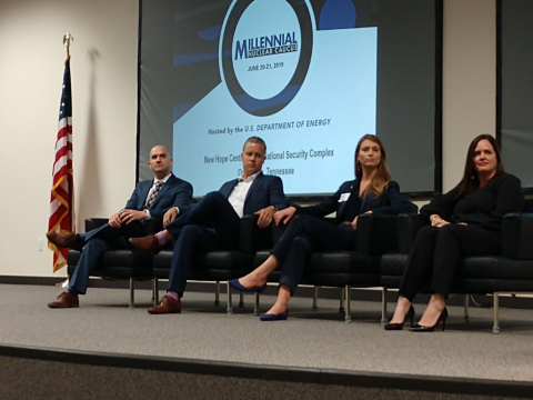 From left, Tommy Morgan of UCOR, Spencer Cline of the Tennessee Valley Authority, Megan Houchin of Consolidated Nuclear Security, and Carmen Bigles of Coqui RadioPharmaceuticals Corp. serve on a panel at the Millennial Nuclear Caucus in Oak Ridge in June.
