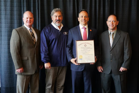 From left, Mid-America Conversion Services (MCS) Environment Safety & Health Manager Joe Johnson; Doug Raney, an MCS health, safety, and radiological control technician and United Steel Workers (USW) safety representative; Kentucky Gov. Matt Bevin; 