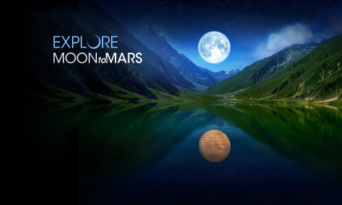 Art for NASA's "Moon to Mars" mission depicting the Moon above a mountain lake, with Mars reflected in the water. Art for NASA's "Moon to Mars" mission depicting the Moon above a mountain lake, with Mars reflected in the water.