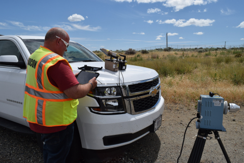 Joe Wiley, lead radiological control technician with Mission Support Alliance, demonstrates equipment used to quickly share radiological data from the field with the Hanford Site Emergency Operations Center and other responders.