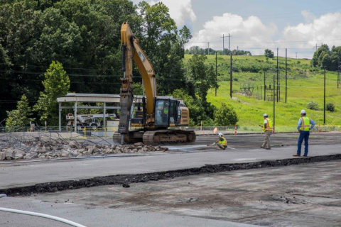 Oak Ridge Site workers remove asphalt and concrete on the east end of the Y-12 National Security Complex to prepare the site of the Mercury Treatment Facility’s treatment plant.