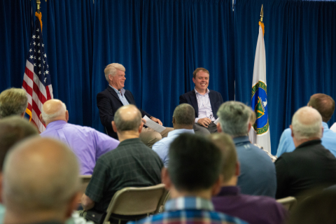 Ike White, right, Senior Advisor for EM, engages DOE-Savannah River employees at a meeting after touring Savannah River Site (SRS) liquid waste facilities. Also pictured is SRS Manager Mike Budney.