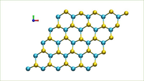 Waves of heat, called phonons, cause atoms to rotate in a certain direction. Selenium atoms (yellow) collectively go through a clockwise circular atomic motion while the tungsten atoms (blue) don’t move. 