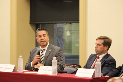 From left, Rep. Ben Ray Luján of New Mexico, Rep. Chuck Fleischmann of Tennessee, and former congressman Doc Hastings of Washington state discuss EM's progress over the past 30 years, as part of a panel discussion at a recent event of the House Nuclear Cl