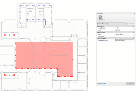 Systems Analysis allows Revit users to quickly group building regions into thermal zones and connect those to different types of HVAC systems. In this image, the “Core East” zone is connected to a VAV air handler.