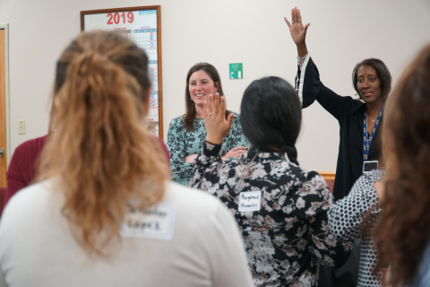 Women@LiquidWaste (W@LW) co-chair Christine Ridgeway, left, and chair Stephanie Franklin, right, participate in an icebreaker activity at a recent W@LW meeting at the Savannah River Site.