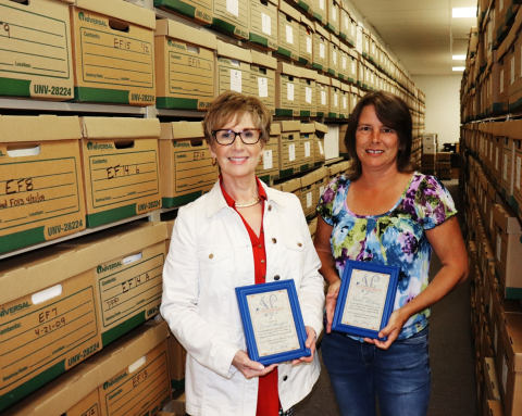 Isotek, a contractor for Oak Ridge’s EM program, recognized Donna Stringfield, left, and Micelle McDaniels for their idea that led to a threefold increase in storage space at a facility, saving approximately $110,000 over the next five years.